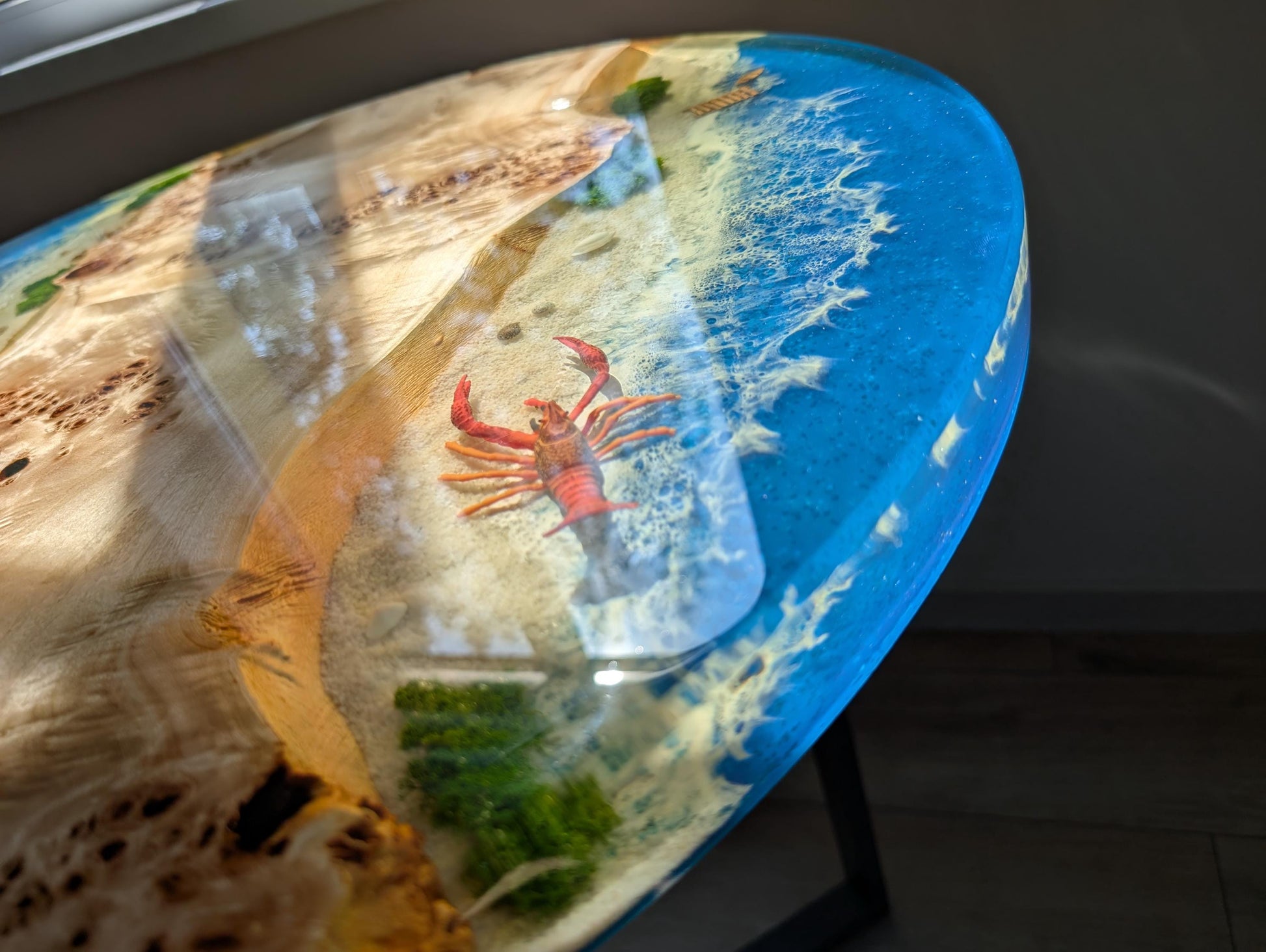 Handmade Ocean Resin Side Table – Beach Wave Wood Accent, Coastal Decor