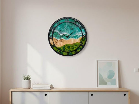 Large Resin Ocean Wall Clock | Beach Art Decor with Stabilized Moss and Wood | Unique Coastal Home Decoration | Housewarming Gift