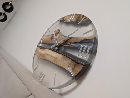 Minimalist Epoxy Resin River Clock | Live Edge Wood Wall Clock | Clear Resin and Walnut Art | Modern Home Decor Gift