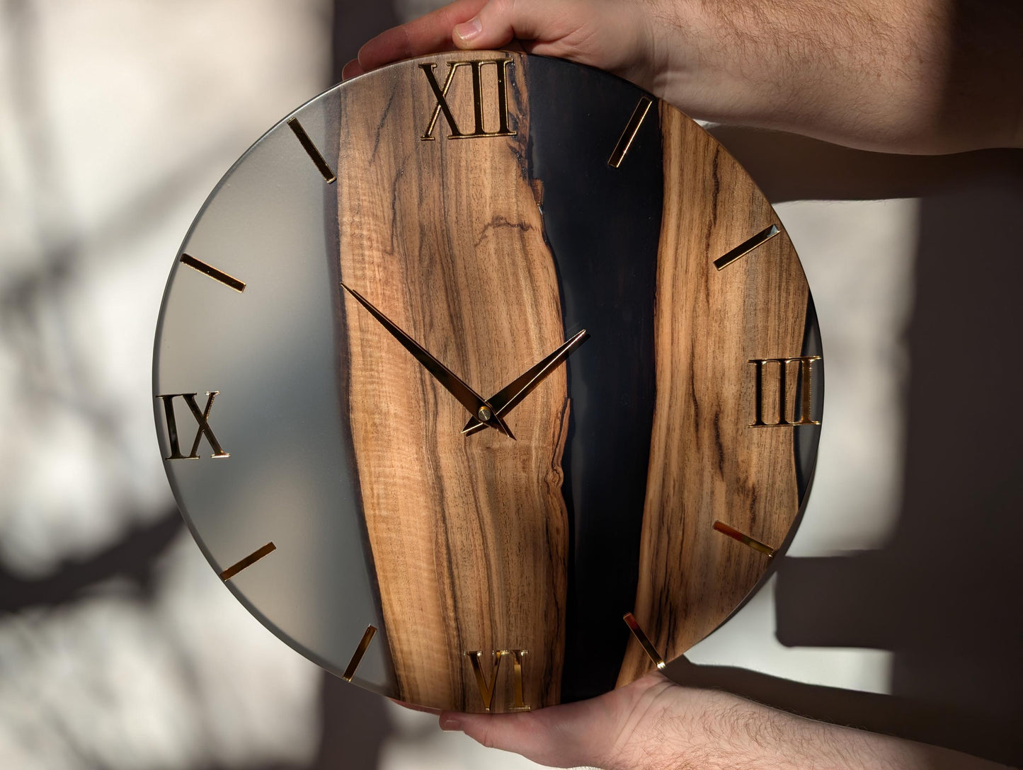 Wood & Epoxy Resin Wall Clock, Minimalist Handmade Wooden Clock, Matte Finish, Mirror Acrylic Numbers, Modern Home Decor