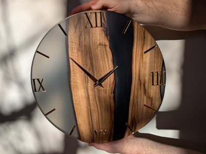 Wood & Epoxy Resin Wall Clock, Minimalist Handmade Wooden Clock, Matte Finish, Mirror Acrylic Numbers, Modern Home Decor