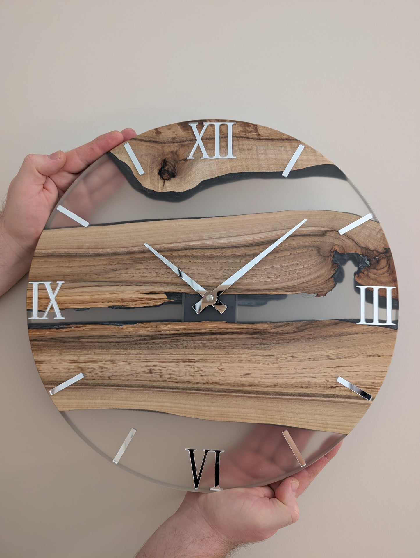 Handcrafted Walnut & Clear Epoxy Resin Wall Clock – 40 cm | Modern Wooden Wall Clock