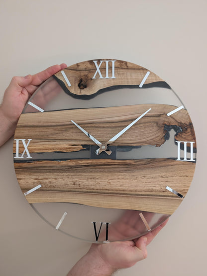 Handcrafted Walnut & Clear Epoxy Resin Wall Clock – 40 cm | Modern Wooden Wall Clock