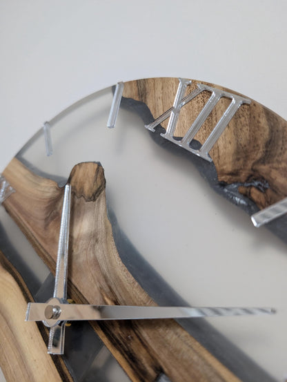 Minimalist Epoxy Resin River Clock | Live Edge Wood Wall Clock | Clear Resin and Walnut Art | Modern Home Decor Gift