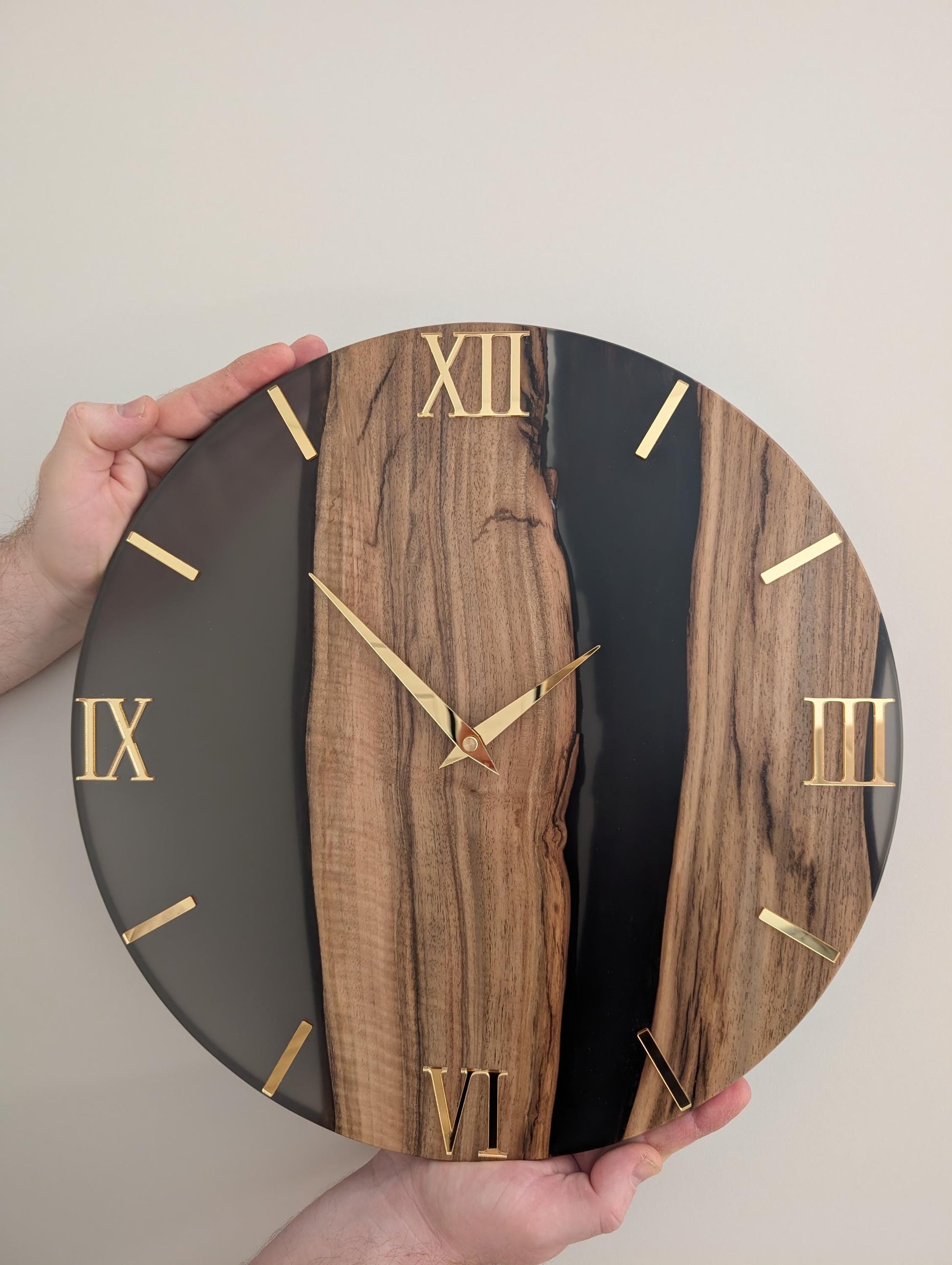 Wood & Epoxy Resin Wall Clock, Minimalist Handmade Wooden Clock, Matte Finish, Mirror Acrylic Numbers, Modern Home Decor