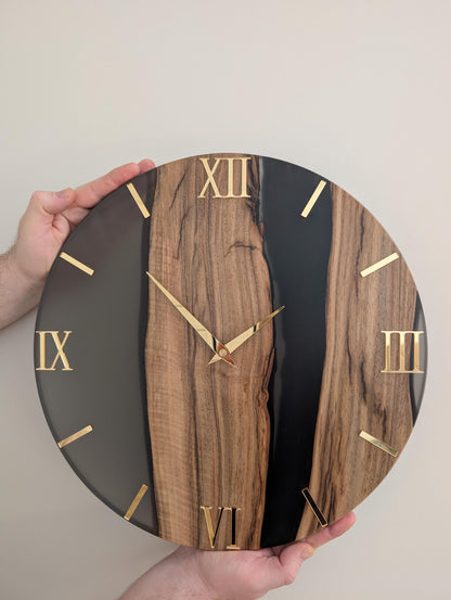 Wood & Epoxy Resin Wall Clock, Minimalist Handmade Wooden Clock, Matte Finish, Mirror Acrylic Numbers, Modern Home Decor