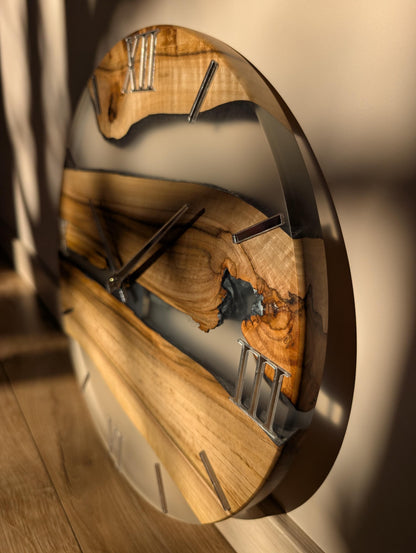 Handcrafted Walnut & Clear Epoxy Resin Wall Clock – 40 cm | Modern Wooden Wall Clock