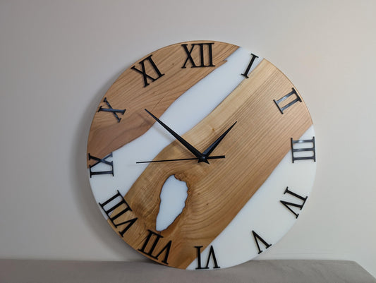 Handmade Wooden & Epoxy Resin Wall Clock – Modern Rustic Decor, Matte Finish, Roman Numerals – Unique Home Gift