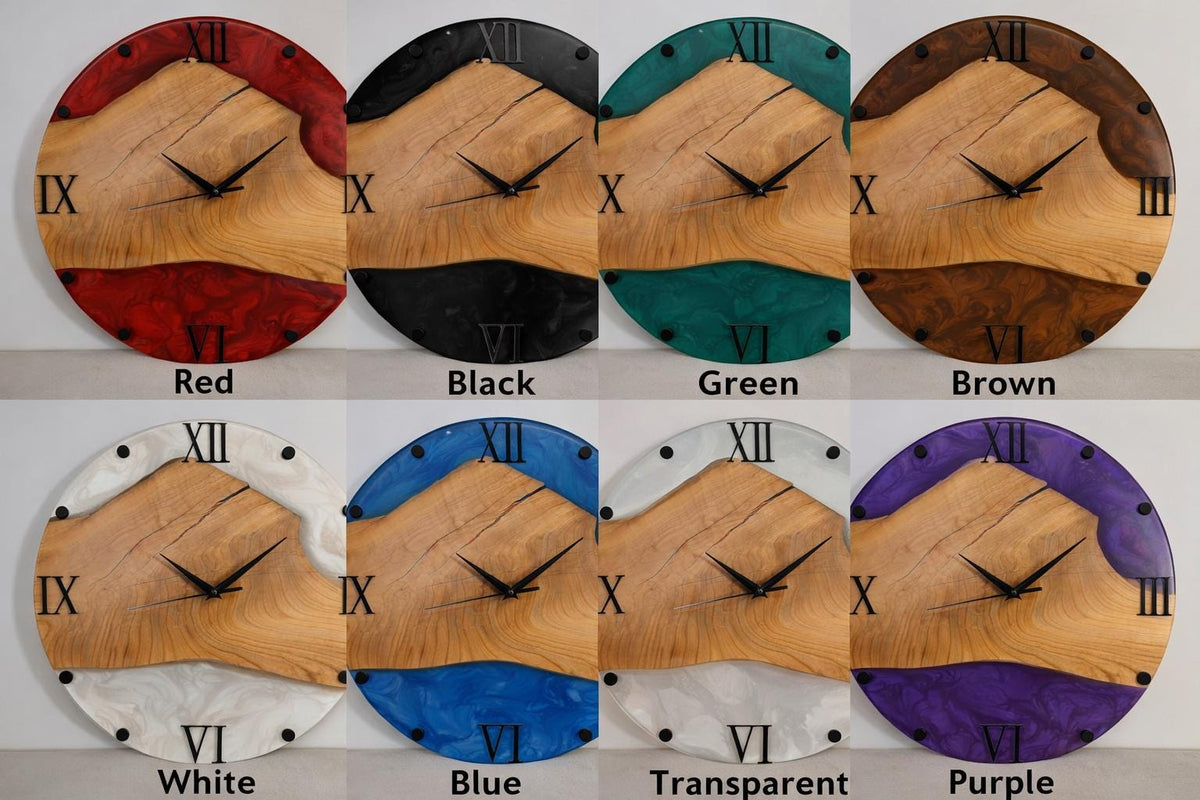 Handmade Wood and Epoxy Resin Wall Clock – Matte Finish, Modern Rustic Decor, Large Round Clock with Mirror Acrylic Numbers, Unique Gift