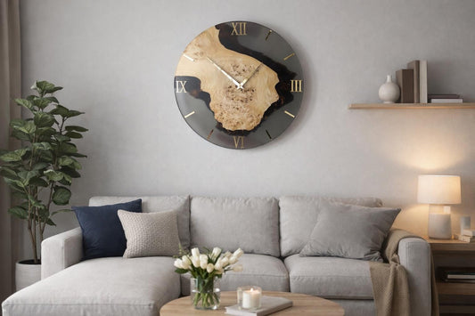 Handmade Wood & Epoxy Resin Wall Clock – Black Translucent Matte Finish, Modern Acrylic Numbers, Luxury Natural Wood Home Decor