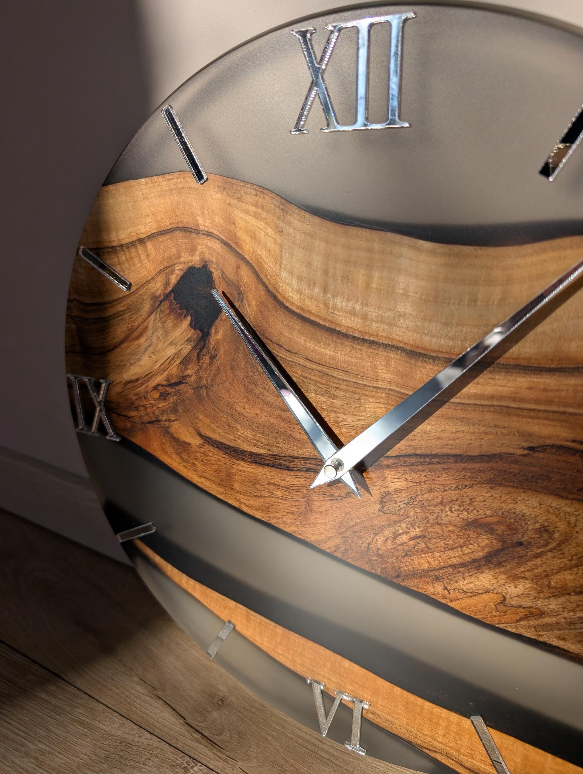 Walnut Wood & Epoxy Resin Wall Clock, Handmade Modern Wall Clock, Mirror Acrylic Roman Numerals, Matte Finish, Large Wooden Wall Clock