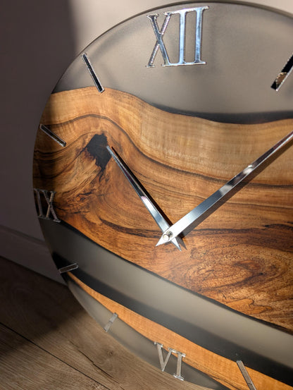 Walnut Wood & Epoxy Resin Wall Clock, Handmade Modern Wall Clock, Mirror Acrylic Roman Numerals, Matte Finish, Large Wooden Wall Clock