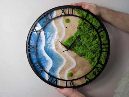 Yin Yang Wall Clock – Handmade Wood Epoxy Resin Ocean Clock with Moss, Earth and Water Nature Design, Modern Wooden Wall Art, Unique Gift