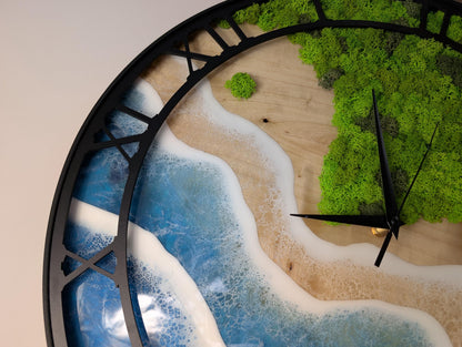 Yin Yang Wall Clock – Handmade Wood Epoxy Resin Ocean Clock with Moss, Earth and Water Nature Design, Modern Wooden Wall Art, Unique Gift