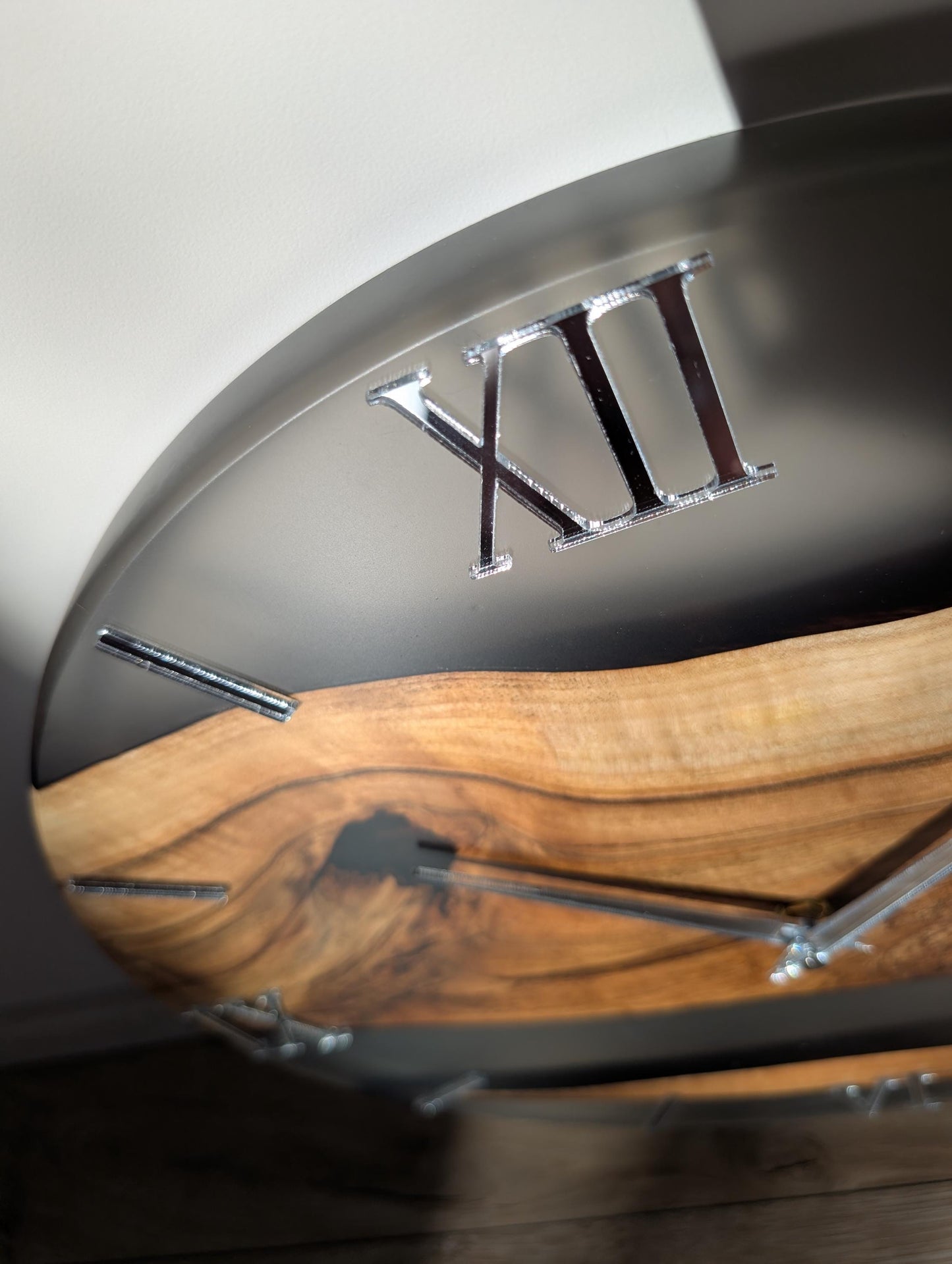 Walnut Wood & Epoxy Resin Wall Clock, Handmade Modern Wall Clock, Mirror Acrylic Roman Numerals, Matte Finish, Large Wooden Wall Clock