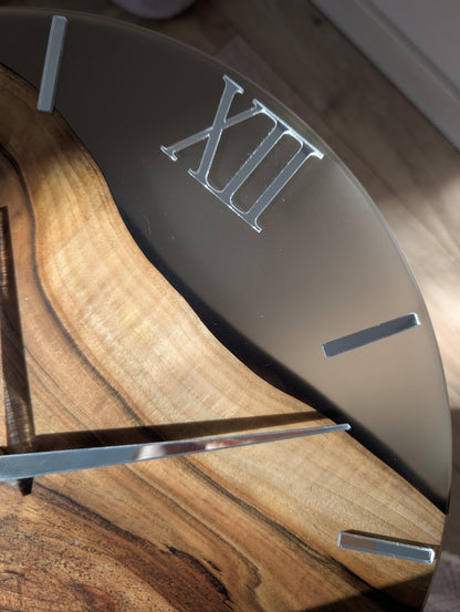 Walnut Wood & Epoxy Resin Wall Clock, Handmade Modern Wall Clock, Mirror Acrylic Roman Numerals, Matte Finish, Large Wooden Wall Clock