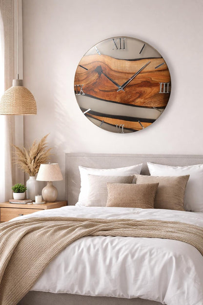Walnut Wood & Epoxy Resin Wall Clock, Handmade Modern Wall Clock, Mirror Acrylic Roman Numerals, Matte Finish, Large Wooden Wall Clock