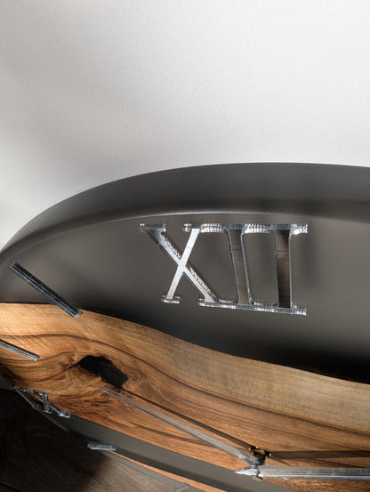 Walnut Wood & Epoxy Resin Wall Clock, Handmade Modern Wall Clock, Mirror Acrylic Roman Numerals, Matte Finish, Large Wooden Wall Clock