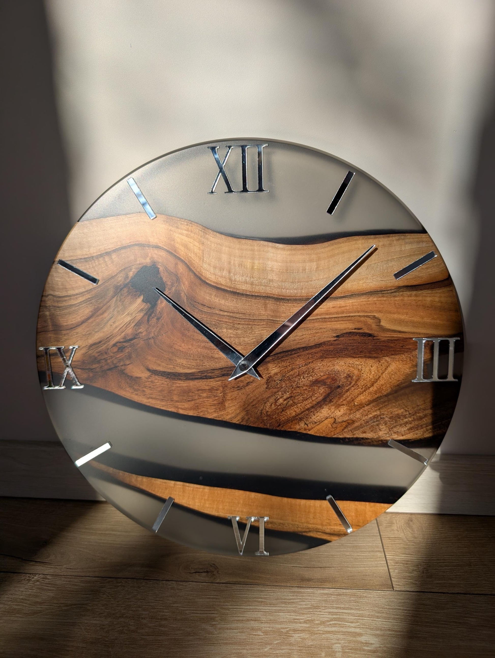 Walnut Wood & Epoxy Resin Wall Clock, Handmade Modern Wall Clock, Mirror Acrylic Roman Numerals, Matte Finish, Large Wooden Wall Clock