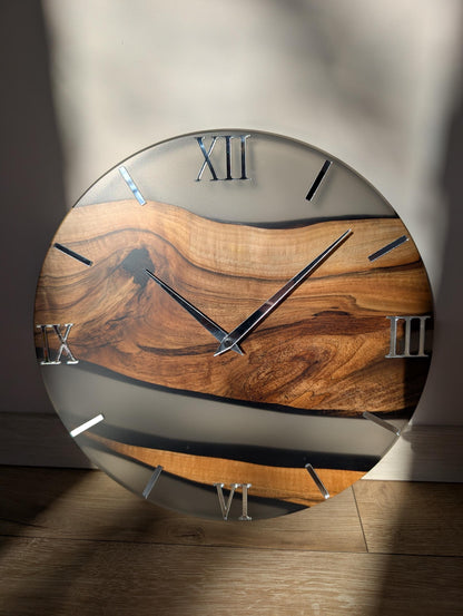 Walnut Wood & Epoxy Resin Wall Clock, Handmade Modern Wall Clock, Mirror Acrylic Roman Numerals, Matte Finish, Large Wooden Wall Clock