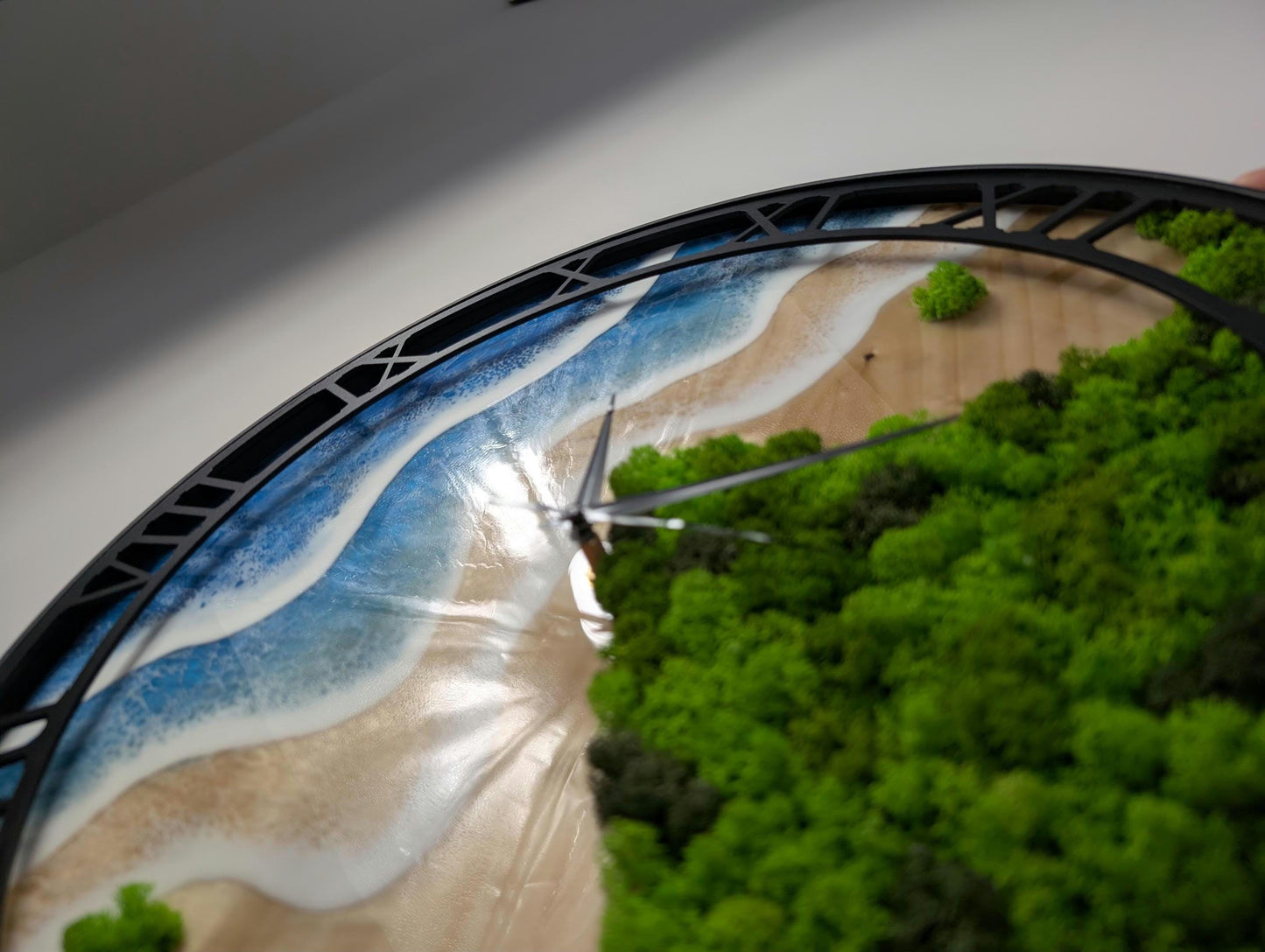 Yin Yang Wall Clock – Handmade Wood Epoxy Resin Ocean Clock with Moss, Earth and Water Nature Design, Modern Wooden Wall Art, Unique Gift