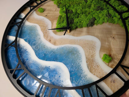 Yin Yang Wall Clock – Handmade Wood Epoxy Resin Ocean Clock with Moss, Earth and Water Nature Design, Modern Wooden Wall Art, Unique Gift