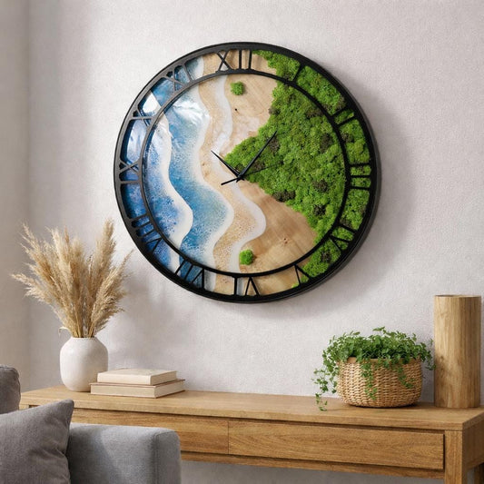 Handmade Wood & Epoxy Resin Wall Clock, Ocean Wave Beach Design, Moss Wall Clock, Large 50cm Modern Rustic Decor, Metal Frame Silent Clock