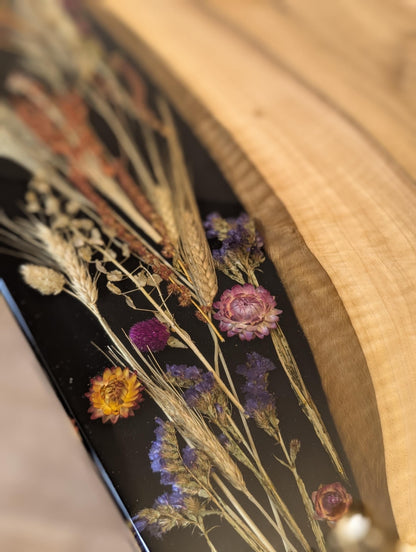 Walnut Epoxy River Dining Table with Real Flowers, Live Edge Wood Table, Handmade Resin Dining Table, Modern Wooden Kitchen Table