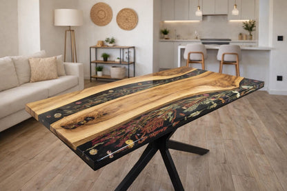 Walnut Epoxy River Dining Table with Real Flowers, Live Edge Wood Table, Handmade Resin Dining Table, Modern Wooden Kitchen Table