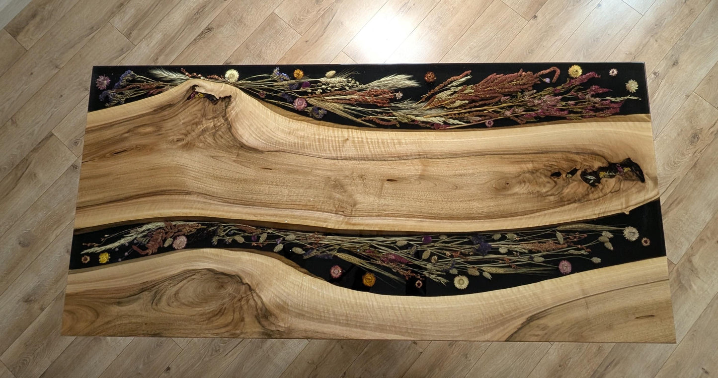 Walnut Epoxy River Dining Table with Real Flowers, Live Edge Wood Table, Handmade Resin Dining Table, Modern Wooden Kitchen Table