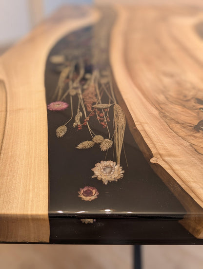 Walnut Epoxy River Dining Table with Real Flowers, Live Edge Wood Table, Handmade Resin Dining Table, Modern Wooden Kitchen Table