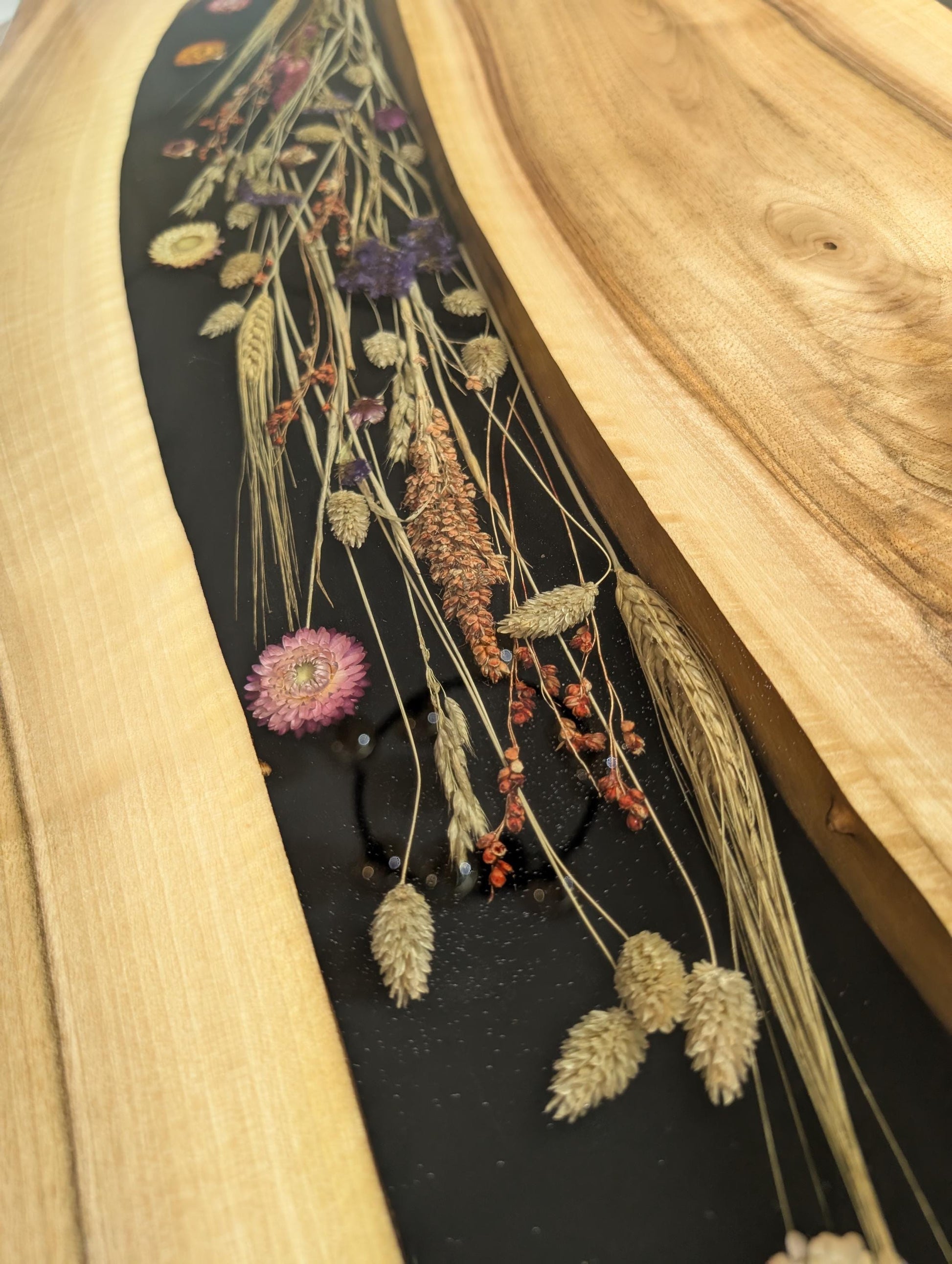 Walnut Epoxy River Dining Table with Real Flowers, Live Edge Wood Table, Handmade Resin Dining Table, Modern Wooden Kitchen Table