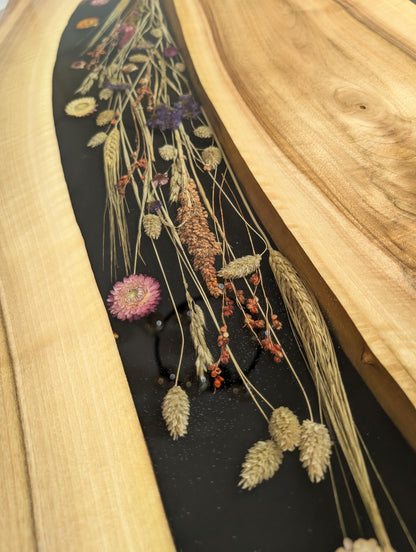 Walnut Epoxy River Dining Table with Real Flowers, Live Edge Wood Table, Handmade Resin Dining Table, Modern Wooden Kitchen Table